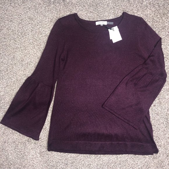 New Calvin Klein Sparkly Bell Sleeve Purple Long Sleeve Thin Sweater Size Medium - Picture 1 of 10